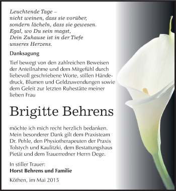 Traueranzeige von Brigitte Behrens von Mitteldeutsche Zeitung Köthen