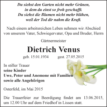 Traueranzeige von Dietrich Venus von Super Sonntag Zeitz