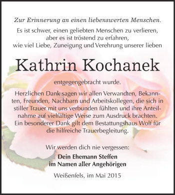 Traueranzeige von Kathrin Kochanek von WVG - Wochenspiegel NMB / WSF / ZTZ