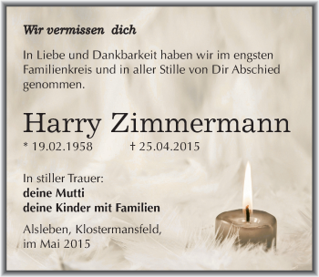 Traueranzeige von Harry Zimmermann von Mitteldeutsche Zeitung