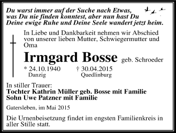 Traueranzeige von Irmgard Bosse von Mitteldeutsche Zeitung Aschersleben