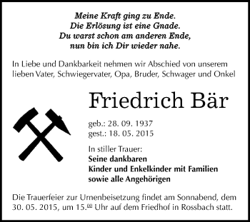 Traueranzeige von Friedrich Bär von WVG - Wochenspiegel Merseburg