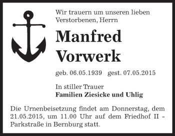 Traueranzeige von Manfred Vorwerk von Super Sonntag Bernburg