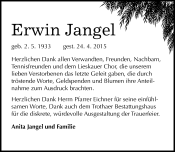 Traueranzeige von Erwin Jangel von Mitteldeutsche Zeitung Halle/Saalkreis