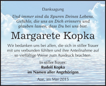 Traueranzeige von Margarete Kopka von Mitteldeutsche Zeitung Naumburg/Nebra