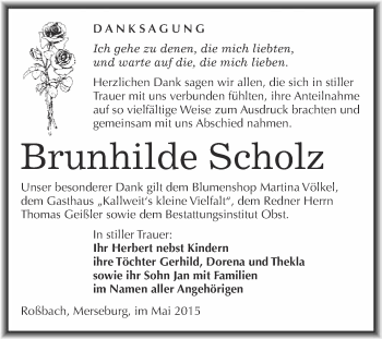 Traueranzeige von Brunhilde Scholz von Super Sonntag Merseburg