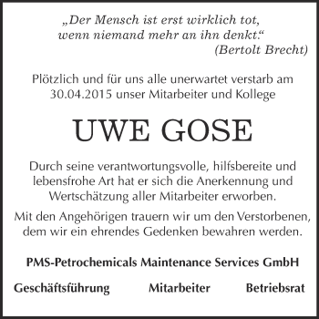 Traueranzeige von Uwe Gose von Super Sonntag Merseburg