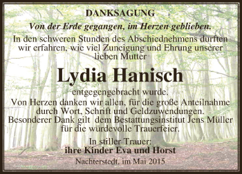 Traueranzeige von Lydia Hanisch von Super Sonntag Aschersleben