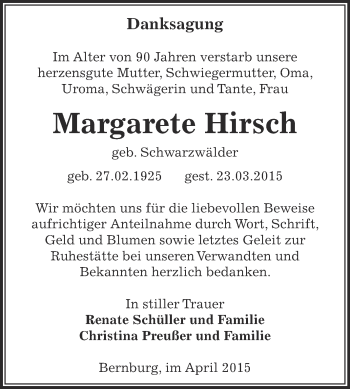 Traueranzeige von Margarete Hirsch von Super Sonntag Bernburg