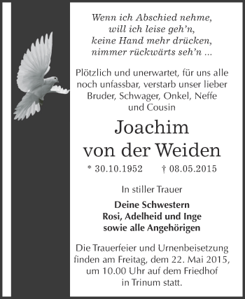Traueranzeige von Joachim von der Weiden von WVG - Wochenspiegel Dessau / Köthen
