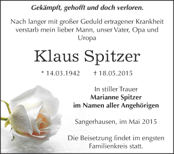 Traueranzeige von Klaus Spitzer von Super Sonntag SGH Mansf. Land
