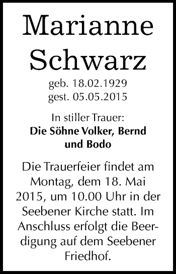Traueranzeige von Marianne Schwarz von Mitteldeutsche Zeitung Halle/Saalkreis