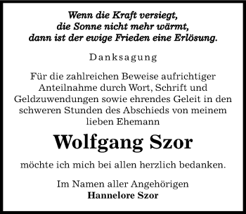 Traueranzeige von Wolfgang Szor von Mitteldeutsche Zeitung Sangerhausen
