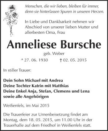 Traueranzeige von Anneliese Bursche von WVG - Wochenspiegel NMB / WSF / ZTZ