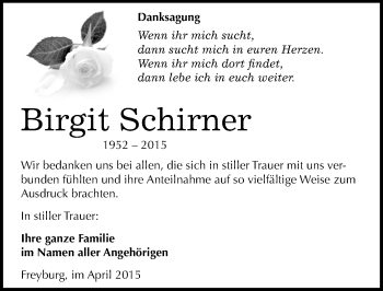 Traueranzeige von Birgit Schirner von Mitteldeutsche Zeitung Naumburg/Nebra