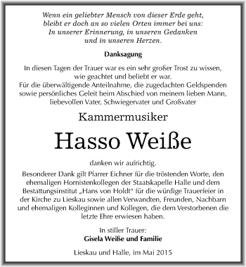 Traueranzeige von Hasso Weiße von Mitteldeutsche Zeitung Halle/Saalkreis