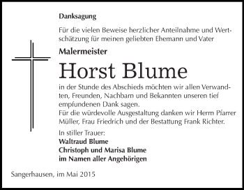 Traueranzeige von Horst Blume von Super Sonntag SGH Mansf. Land
