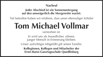 Traueranzeige von Tom Michael Vollmar von Super Sonntag Quedlinburg