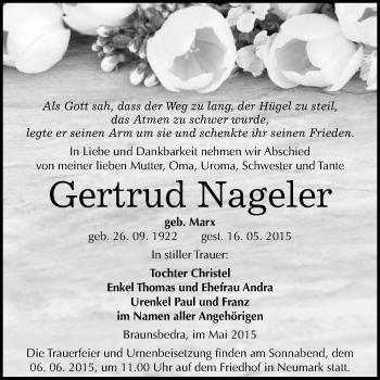 Traueranzeige von Gertrud Nageler von WVG - Wochenspiegel Merseburg