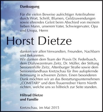Traueranzeige von Horst Dietze von Mitteldeutsche Zeitung Zeitz