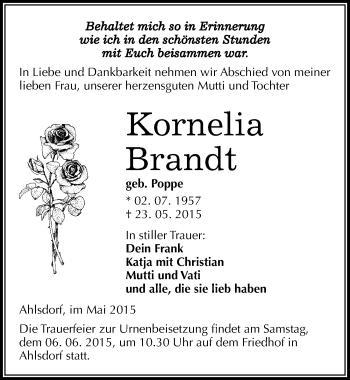 Traueranzeige von Kornelia Brandt von Mitteldeutsche Zeitung Mansfelder Land