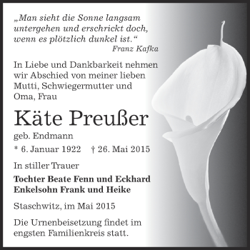 Traueranzeige von Käte Preußer von Super Sonntag Zeitz