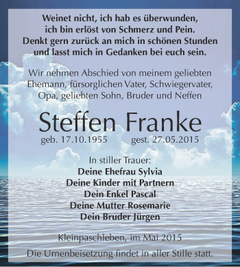 Traueranzeige von Steffen Franke von WVG - Wochenspiegel Dessau / Köthen