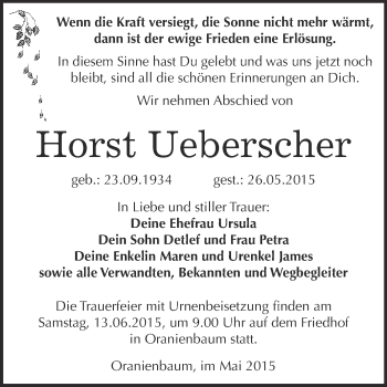 Traueranzeige von Horst Ueberscher von Super Sonntag Wittenberg