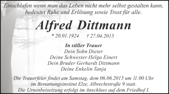 Traueranzeige von Alfred Dittmann von WVG - Wochenspiegel Dessau / Köthen