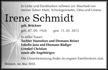 Traueranzeige von Irene Schmidt von Mitteldeutsche Zeitung Merseburg/Querfurt