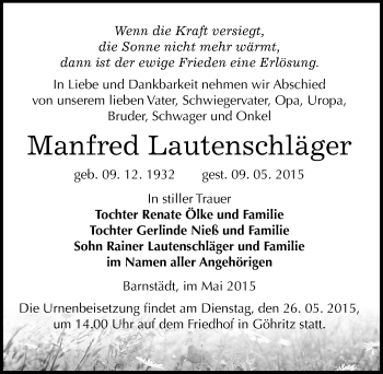 Traueranzeige von Manfred Lautenschläger von Mitteldeutsche Zeitung Merseburg/Querfurt