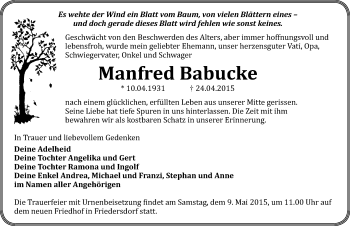 Traueranzeige von Manfred Babucke von Mitteldeutsche Zeitung Bitterfeld