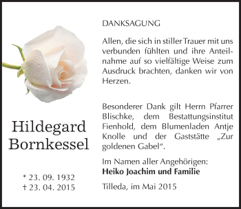Traueranzeige von Hildegard Bornkessel von Mitteldeutsche Zeitung Sangerhausen