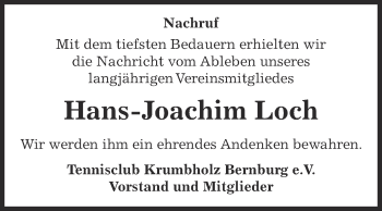 Traueranzeige von Hans-Joachim Loch von Super Sonntag Bernburg