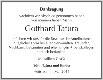 Traueranzeige von Gotthard Tatura von Super Sonntag SGH Mansf. Land