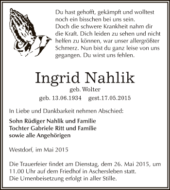 Traueranzeige von Ingrid Nahlik von Super Sonntag Aschersleben