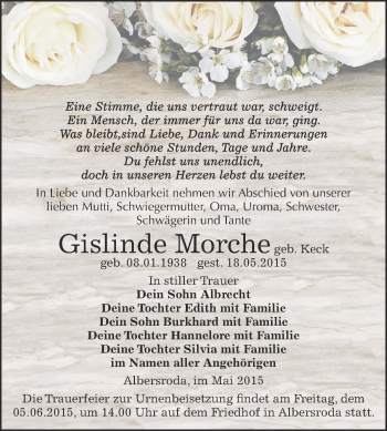 Traueranzeige von Gislinde Morche von Super Sonntag Zeitz