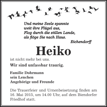 Traueranzeige von Heiko  von Super Sonntag Bernburg