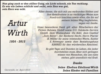 Traueranzeige von Artur Wirth von Super Sonntag Quedlinburg