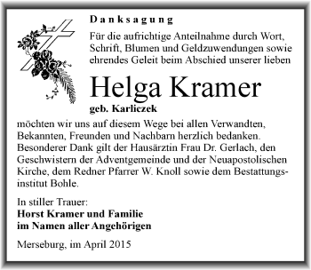 Traueranzeige von Helga Kramer von Mitteldeutsche Zeitung Merseburg/Querfurt