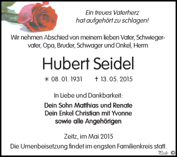 Traueranzeige von Hubert Seidel von Super Sonntag Zeitz