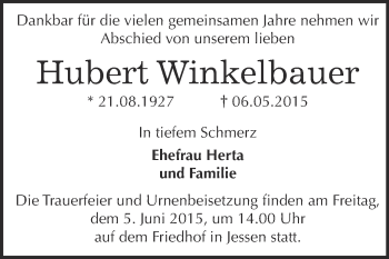 Traueranzeige von Hubert Winkelbauer von WVG - Wochenspiegel Wittenberg