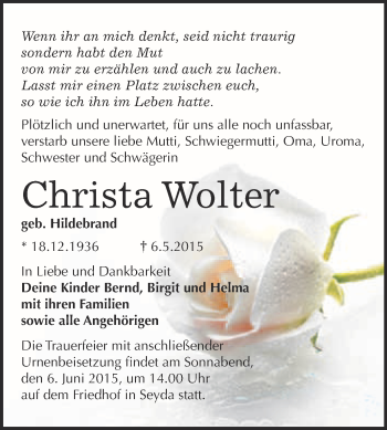 Traueranzeige von Christa Wolter von WVG - Wochenspiegel Wittenberg