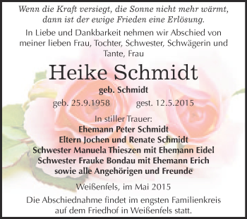 Traueranzeige von Heike Schmidt von Super Sonntag Merseburg
