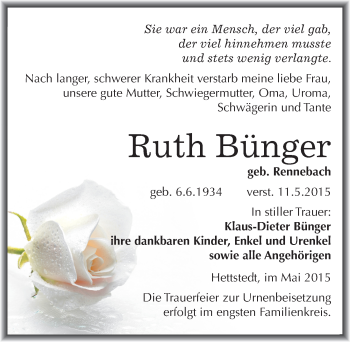 Traueranzeige von Ruth Bünger von Mitteldeutsche Zeitung Mansfelder Land