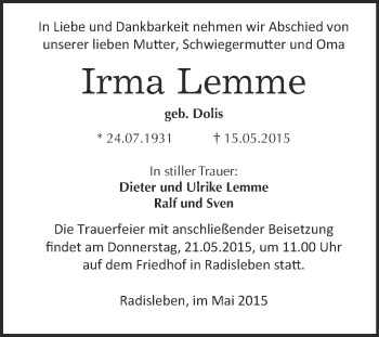 Traueranzeige von Irma Lemme von WVG - Wochenspiegel Quedlinburg