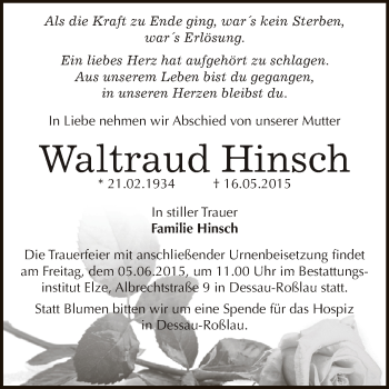 Traueranzeige von Waltraud Hinsch von WVG - Wochenspiegel Dessau / Köthen