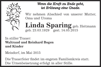 Traueranzeige von Linda Sparing von Super Sonntag Aschersleben
