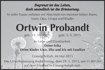 Traueranzeige von Ortwin Probandt von Super Sonntag Wittenberg