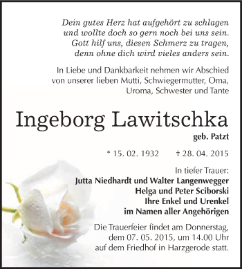 Traueranzeige von Ingeborg Lawitschka von WVG - Wochenspiegel Quedlinburg